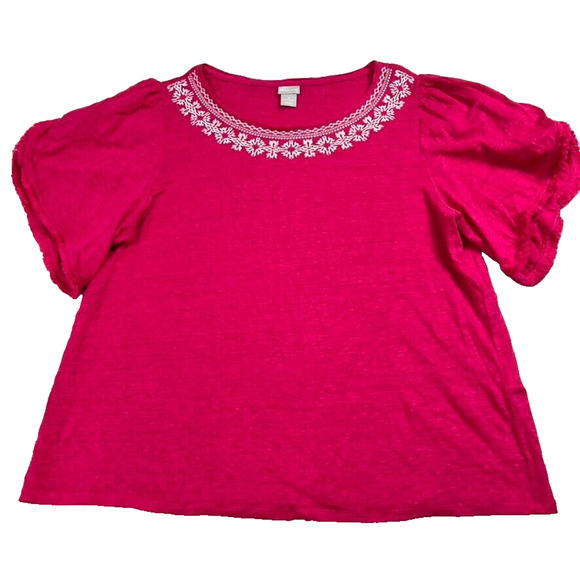 Chicos Tee Womens 3 US XL Pink Linen Knit Top Short Sleeve Pullover Embroidery - Picture 2 of 10